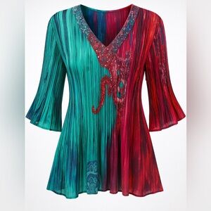 Catherines Pleated Tunic Green‎ and Red Hippie Sequin V neck 1X
